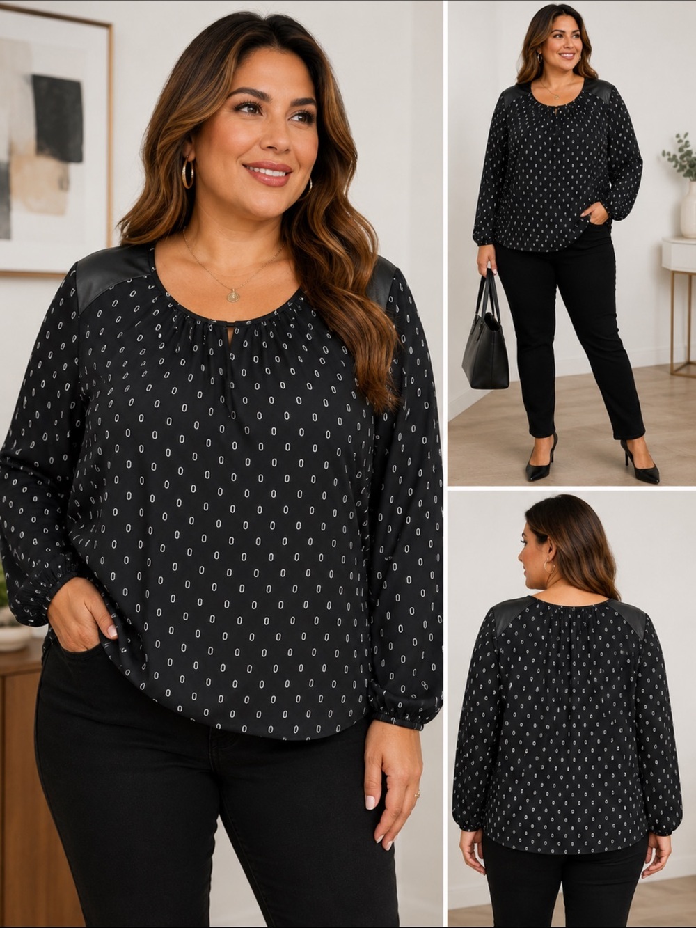 Charter Club Woman Black Geometric Print Long Sleeve Blouse Size 2X